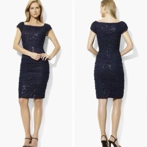 Lauren Ralph Lauren Sz 12 Navy Mesh Overlay Ruched Mini Dress Sequin Cap Sleeve